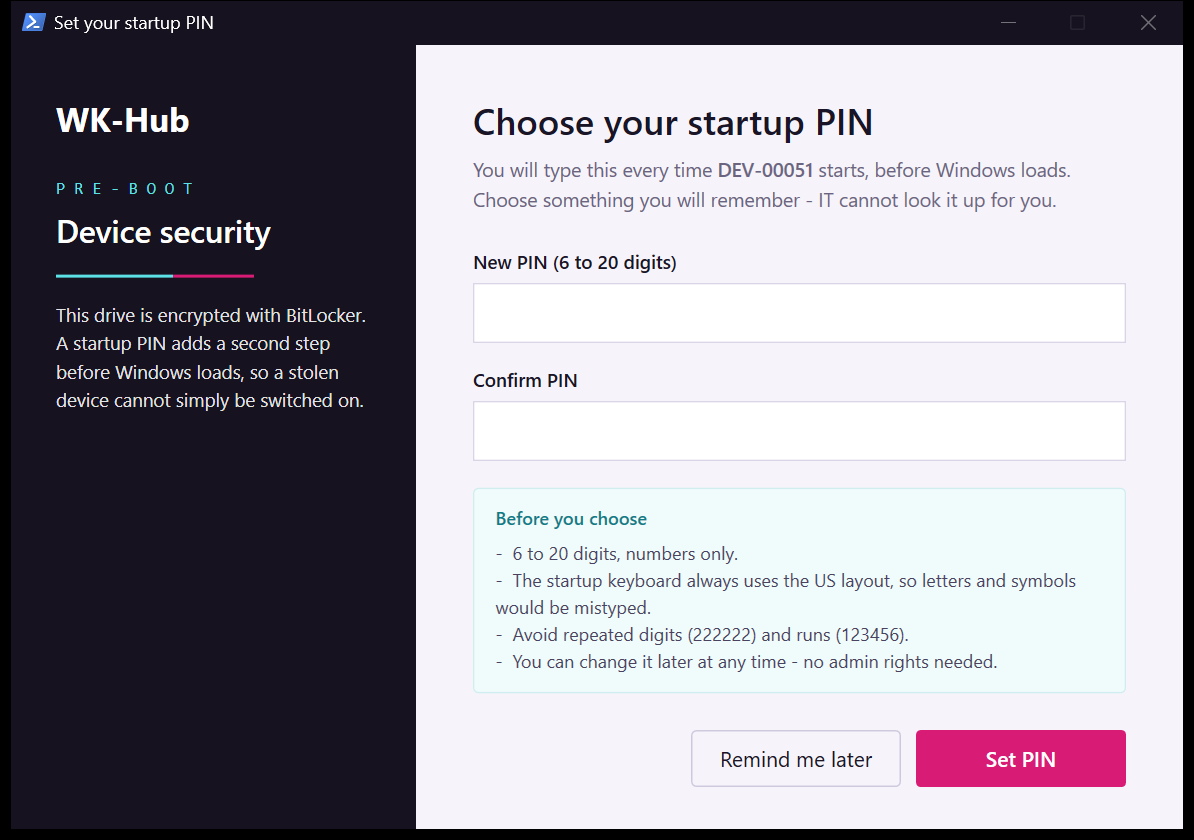 نافذة "Set your startup PIN"، وفي أعلاها العنوان "Choose your startup PIN"، وفيها حقلا New PIN وConfirm PIN، وقواعد رمز PIN، وزرّا Remind me later وSet PIN.